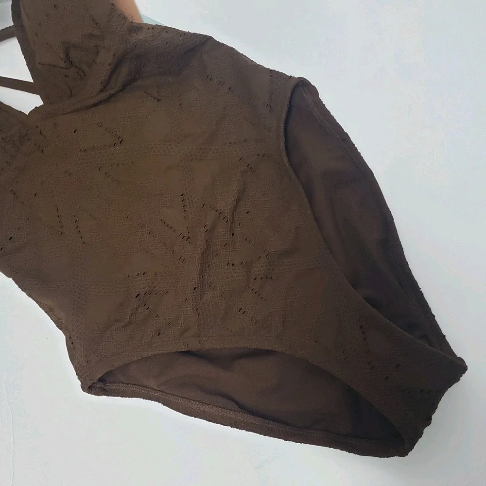 Shade & Shore One Piece Swimsuit Womens‎ S 4-6 Brown Eyelet Lace Up Back